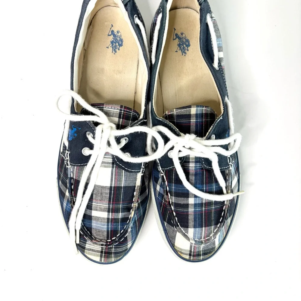Polo by Ralph Lauren Plaid Canvas Boat Shoes in Navy, White